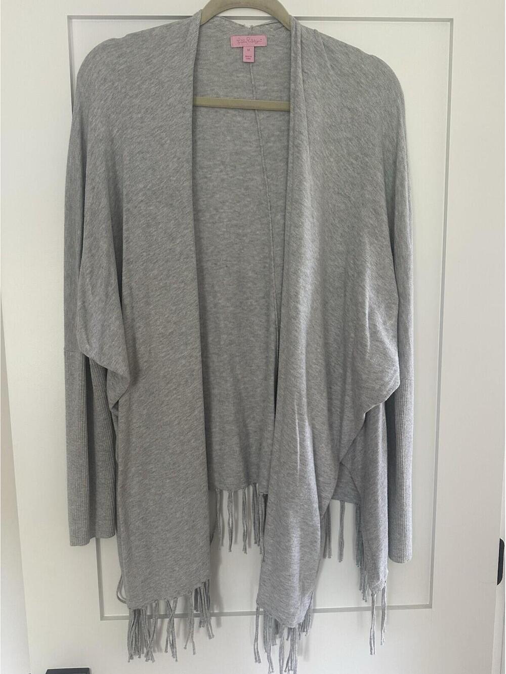 Lilly Pulitzer Women's Light Grey Open Front Cardigan Sweater w/ Fringe Size M
